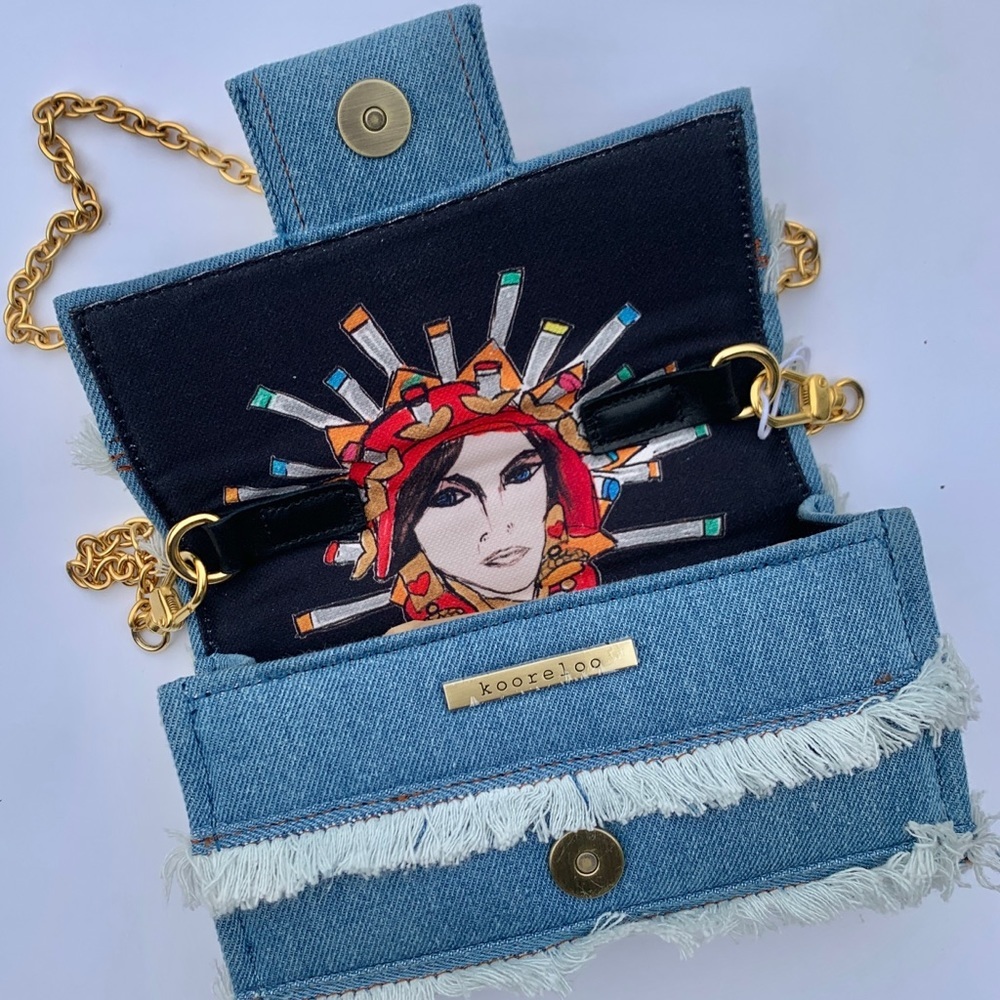 Kooreloo Amalfi Fringe Denim Crossbody Bag Gold Chain Blue - Picture 6 of 11